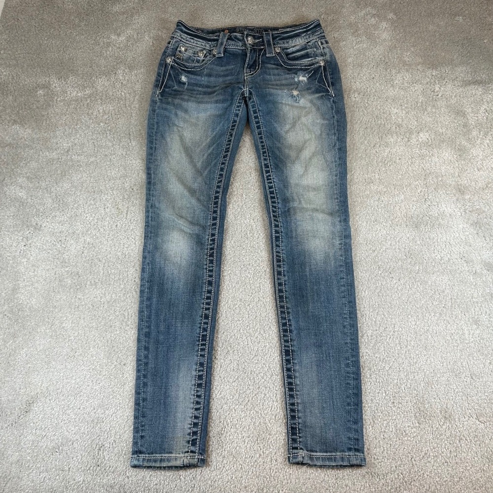 Miss Me Signature Skinny Jeans Women's 25 Blue Distressed Embellished Low Rise